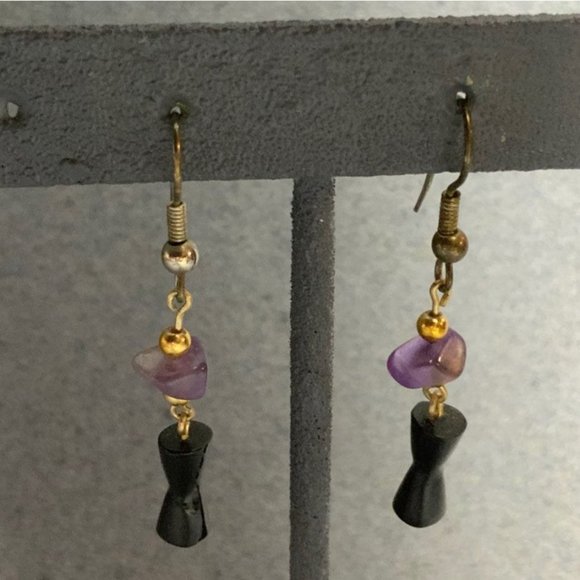 Dangle Pierced Earrings Gold Silver Purple Organic Black Hourglass Retro BoHo - Picture 2 of 4